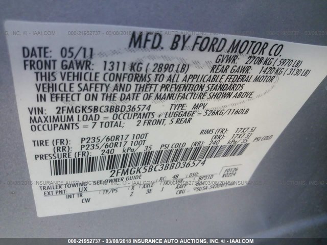 2FMGK5BC3BBD36574 - 2011 FORD FLEX SE SILVER photo 9