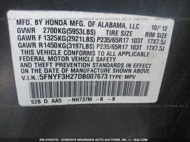 5FNYF3H27DB007673 - 2013 HONDA PILOT LX GRAY photo 9