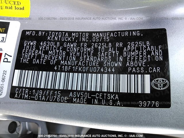 4T1BF1FK0FU074344 - 2015 TOYOTA CAMRY LE/XLE/SE/XSE SILVER photo 9