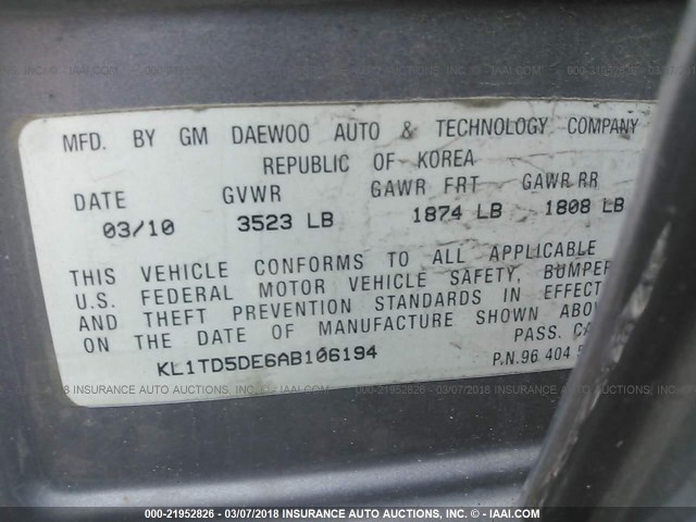 KL1TD5DE6AB106194 - 2010 CHEVROLET AVEO LS/LT 灰色 照片 9