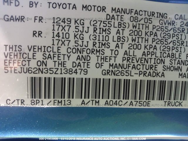 5TEJU62N35Z138479 - 2005 TOYOTA TACOMA DOUBLE CAB PRERUNNER BLUE photo 9