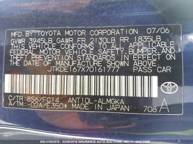 JTKDE167X70161777 - 2007 TOYOTA SCION TC BLUE photo 9