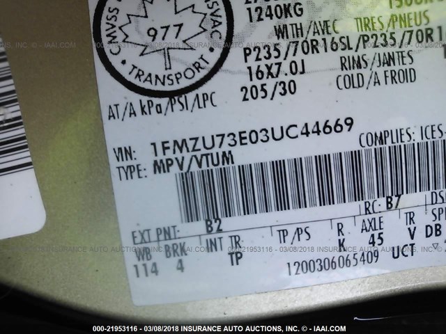 1FMZU73E03UC44669 - 2003 FORD EXPLORER XLT/XLT SPORT/NBX GOLD photo 9