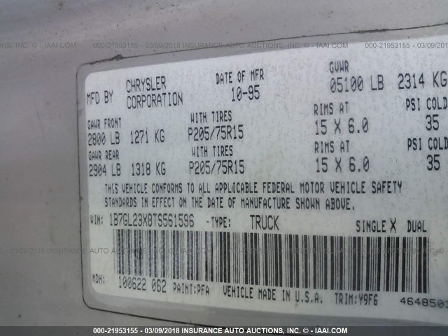 1B7GL23X8TS561596 - 1996 DODGE DAKOTA GRAY photo 9