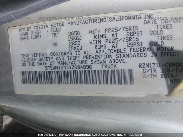 5TEWM72N4YZ694896 - 2000 TOYOTA TACOMA XTRACAB SILVER photo 9