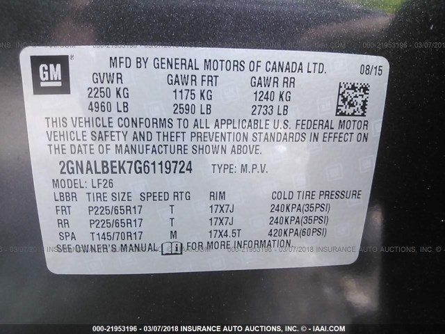 2GNALBEK7G6119724 - 2016 CHEVROLET EQUINOX LS GRAY photo 9