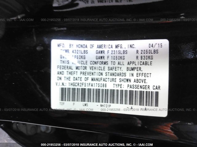 1HGCR2F51FA175086 - 2015 HONDA ACCORD SPORT 黑色 照片 9