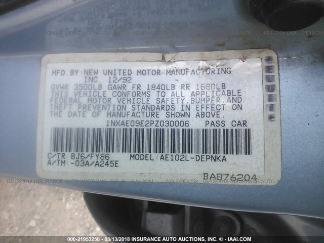 1NXAE09E2PZ030006 - 1993 TOYOTA COROLLA LE/DX BLUE photo 9