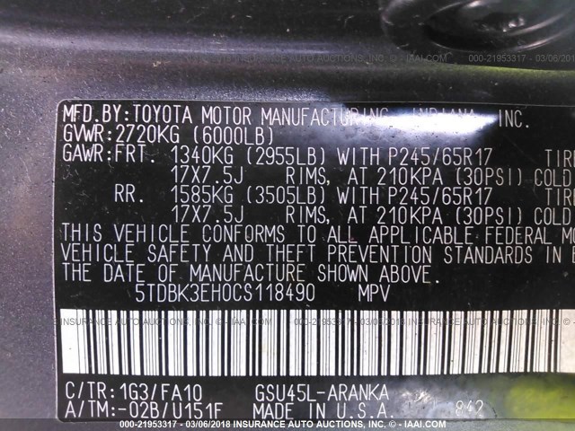 5TDBK3EH0CS118490 - 2012 TOYOTA HIGHLANDER SE GRAY photo 9