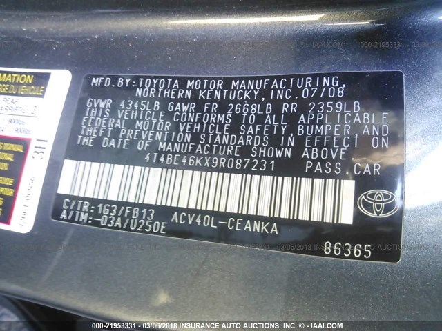 4T4BE46KX9R087231 - 2009 TOYOTA CAMRY SE/LE/XLE 灰色 照片 9