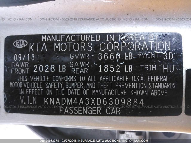 KNADM4A3XD6309884 - 2013 KIA RIO LX SILVER photo 9