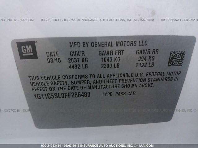 1G11C5SL0FF286480 - 2015 CHEVROLET MALIBU 1LT 白色 照片 9