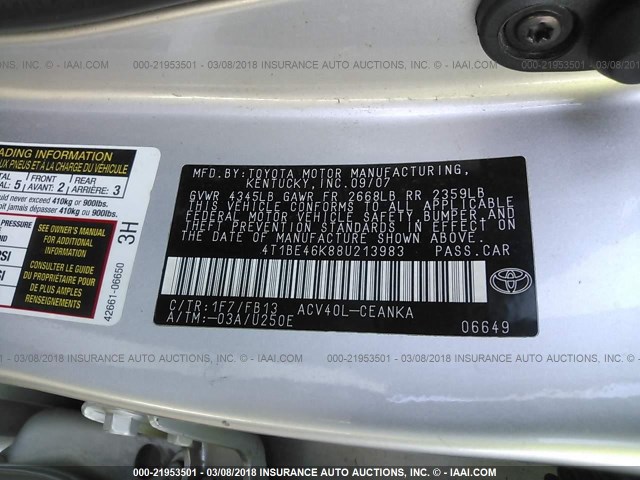 4T1BE46K88U213983 - 2008 TOYOTA CAMRY CE/LE/XLE/SE SILVER photo 9