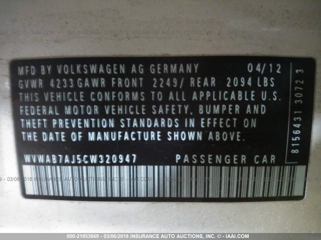 WVWAB7AJ5CW320947 - 2012 VOLKSWAGEN GOLF 白色 照片 9