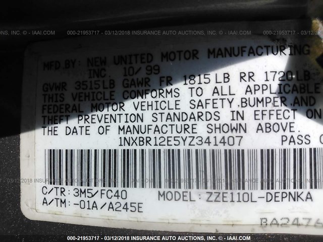 1NXBR12E5YZ341407 - 2000 TOYOTA COROLLA VE/CE/LE 棕色 照片 9