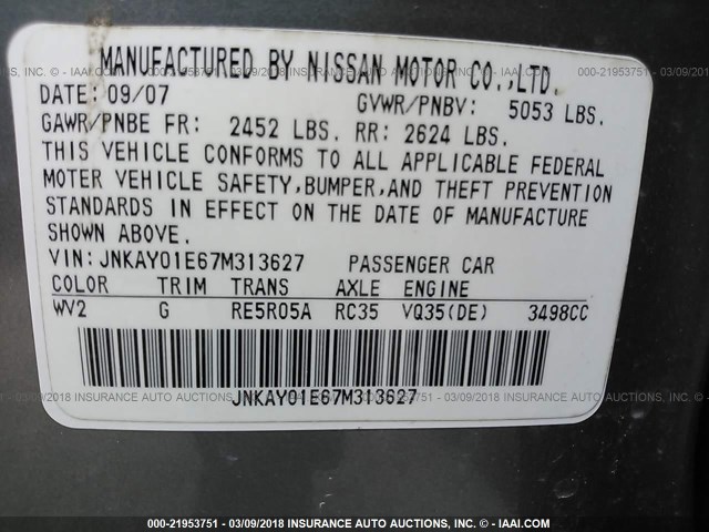 JNKAY01E67M313627 - 2007 INFINITI M35 SPORT GRAY photo 9