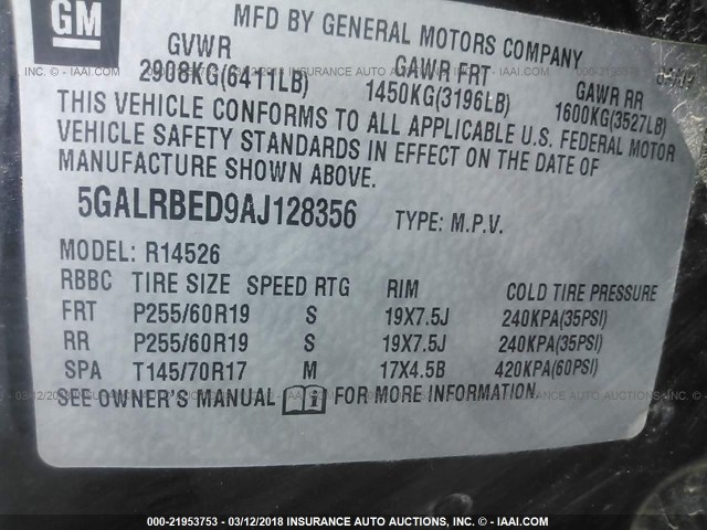 5GALRBED9AJ128356 - 2010 BUICK ENCLAVE CXL 黑色 照片 9