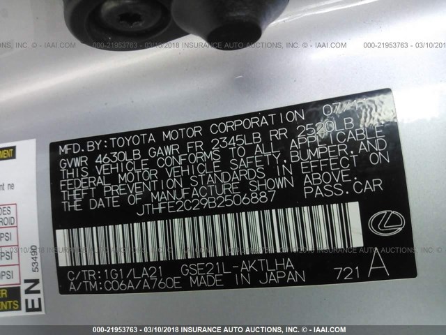 JTHFE2C29B2506887 - 2011 LEXUS IS 350 SILVER photo 9