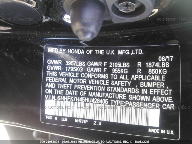 SHHFK7H45HU428405 - 2017 HONDA CIVIC SPORT 黑色 照片 9