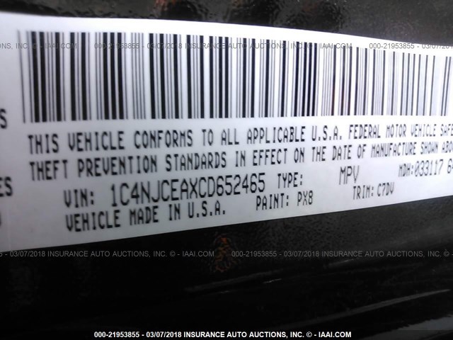 1C4NJCEAXCD652465 - 2012 JEEP COMPASS LATITUDE 黑色 照片 9
