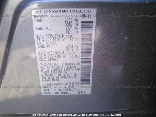 5N1AR2MN8FC683452 - 2015 NISSAN PATHFINDER S/SV/SL/PLATINUM 灰色 照片 9