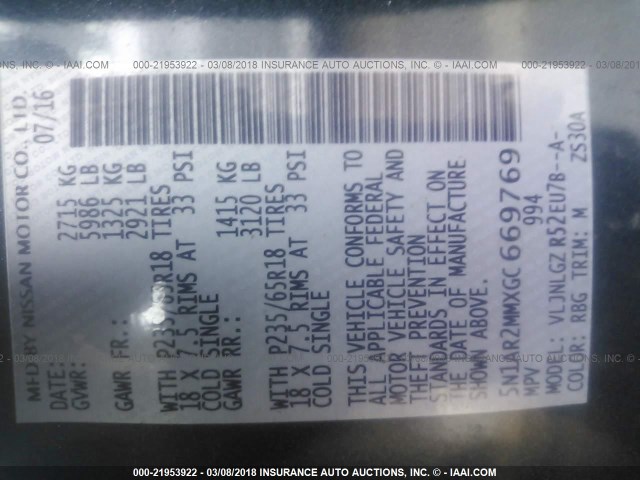 5N1AR2MMXGC669769 - 2016 NISSAN PATHFINDER S/SV/SL/PLATINUM 蓝色 照片 9