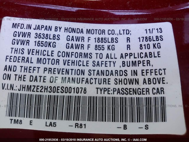 JHMZE2H30ES001078 - 2014 HONDA INSIGHT RED photo 9