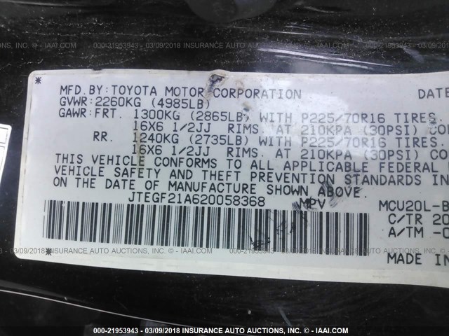 JTEGF21A620058368 - 2002 TOYOTA HIGHLANDER LIMITED BLACK photo 9