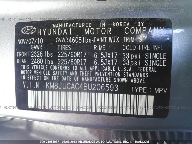 KM8JUCAC4BU206593 - 2011 HYUNDAI TUCSON GLS/LIMITED 银色 照片 9