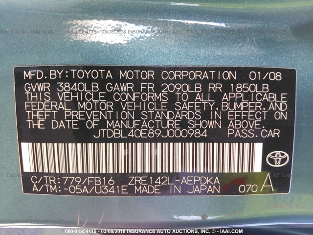 JTDBL40E89J000984 - 2009 TOYOTA COROLLA LE/XLE GREEN photo 9
