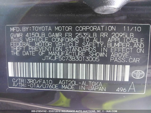 JTKJF5C73B3013005 - 2011 TOYOTA SCION TC 紫色 照片 9