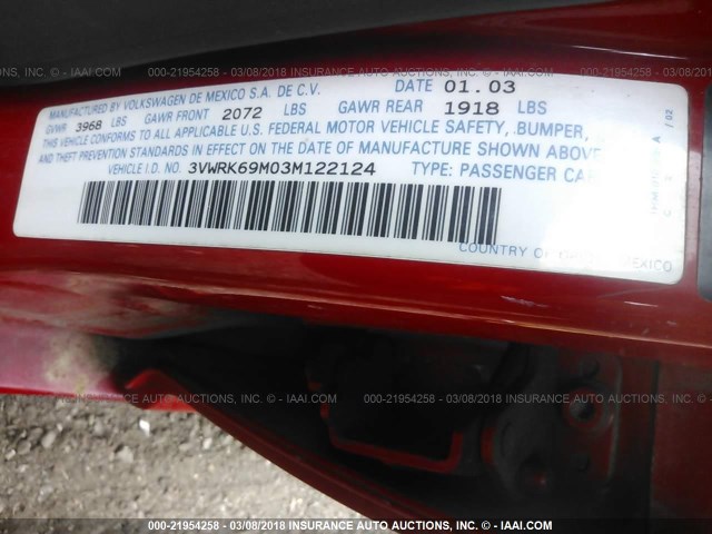 3VWRK69M03M122124 - 2003 VOLKSWAGEN JETTA GL RED photo 9