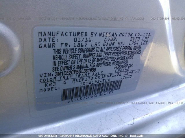 3N1CE2CP5GL381959 - 2016 NISSAN VERSA NOTE S/S PLUS/SV/SL/SR SILVER photo 9