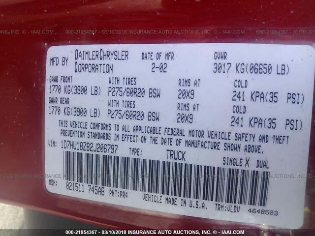 1D7HU18Z82J206797 - 2002 DODGE RAM 1500 RED photo 9