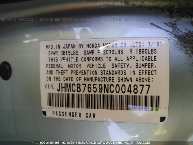 JHMCB7659NC004877 - 1992 HONDA ACCORD LX/EX GREEN photo 9