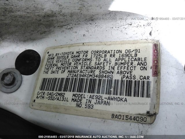 JT2AE94K0M3488482 - 1991 TOYOTA COROLLA DLX WHITE photo 9