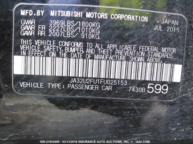 JA32U2FU1FU025153 - 2015 MITSUBISHI LANCER ES BLACK photo 9