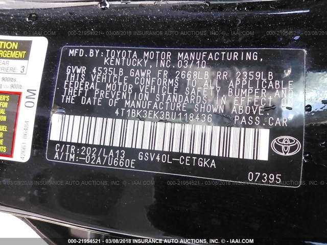 4T1BK3EK3BU118436 - 2011 TOYOTA CAMRY SE/LE/XLE BLACK photo 9