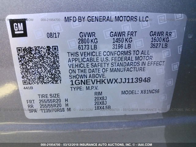 1GNEVHKWXJJ113948 - 2018 CHEVROLET TRAVERSE LT GRAY photo 9