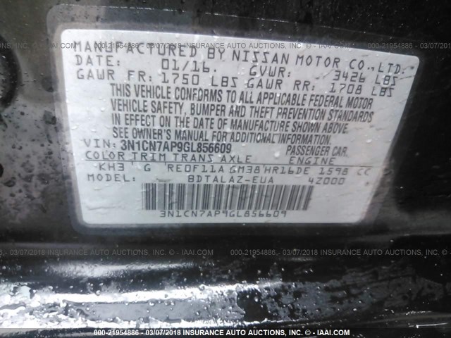 3N1CN7AP9GL856609 - 2016 NISSAN VERSA S/S PLUS/SV/SL BLACK photo 9