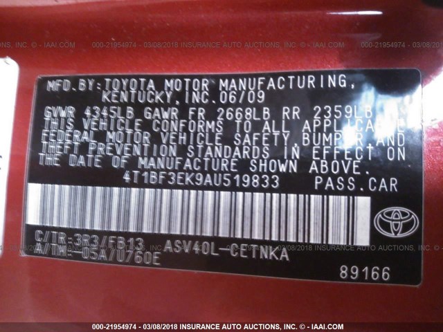 4T1BF3EK9AU519833 - 2010 TOYOTA CAMRY SE/LE/XLE 红色 照片 9