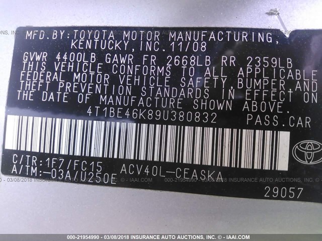 4T1BE46K89U380832 - 2009 TOYOTA CAMRY SE/LE/XLE SILVER photo 9