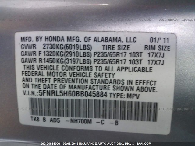 5FNRL5H60BB045884 - 2011 HONDA ODYSSEY EXL ნაცრისფერი ფოტო 9