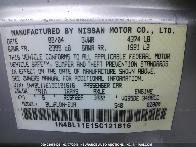 1N4BL11E15C121616 - 2005 NISSAN ALTIMA SE/SL/SE-R SILVER photo 9