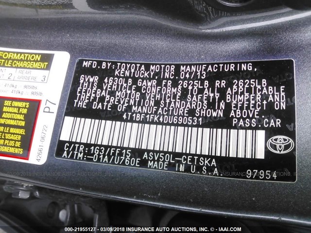 4T1BF1FK4DU690531 - 2013 TOYOTA CAMRY L/SE/LE/XLE GRAY photo 9