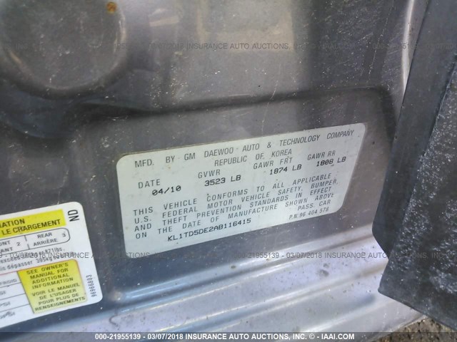 KL1TD5DE2AB116415 - 2010 CHEVROLET AVEO LS/LT 灰色 照片 9