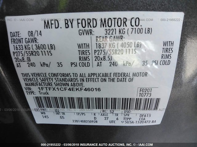 1FTFX1CF4EKF46016 - 2014 FORD F150 SUPER CAB GRAY photo 9