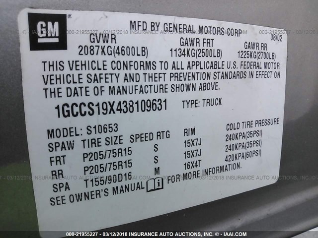 1GCCS19X438109631 - 2003 CHEVROLET S TRUCK S10 SILVER photo 9