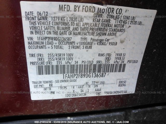 1FAHP2F89DG136587 - 2013 FORD TAURUS LIMITED RED photo 9