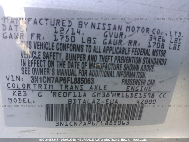 3N1CN7AP6FL885063 - 2015 NISSAN VERSA S/S PLUS/SV/SL SILVER photo 9